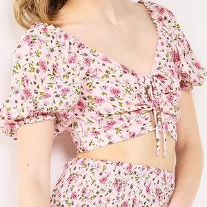 Live To Be Spoiled Juniors Top Blouse Lemonade Floral Tie Front Poof Sleeves NWT